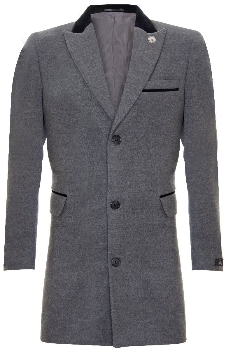 Mens 3/4 Grey Long Crombie Overcoat Jacket Herringbone Tweed Coat
