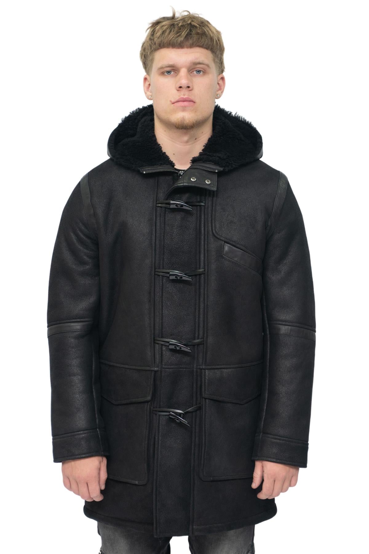 Mens Winter Sheepskin Leather Hooded Duffle Coat Montpellier