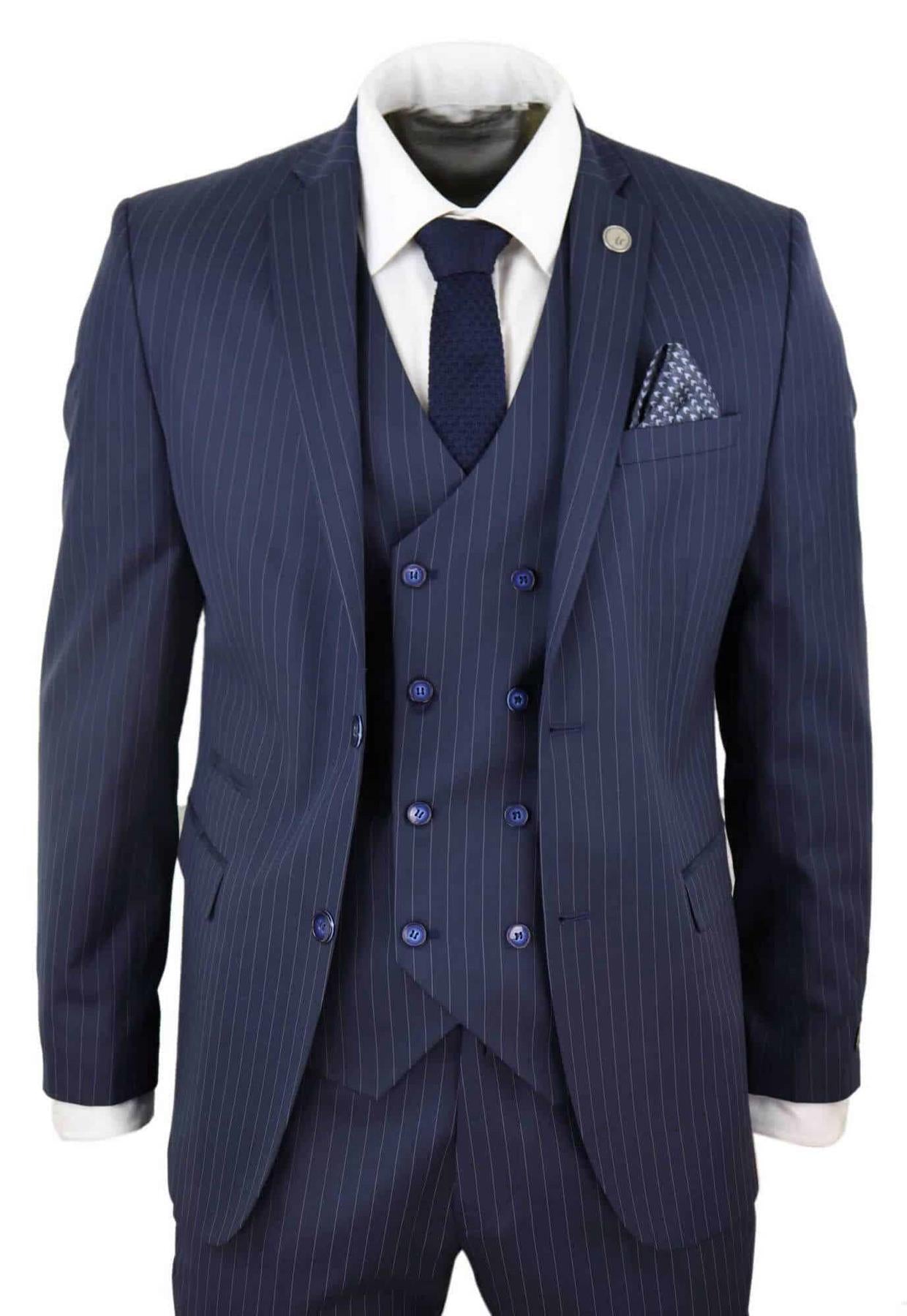 Abito Gessato Vestito Blu Navy Uomo Gessato Abiti Tre Pezzi Abito