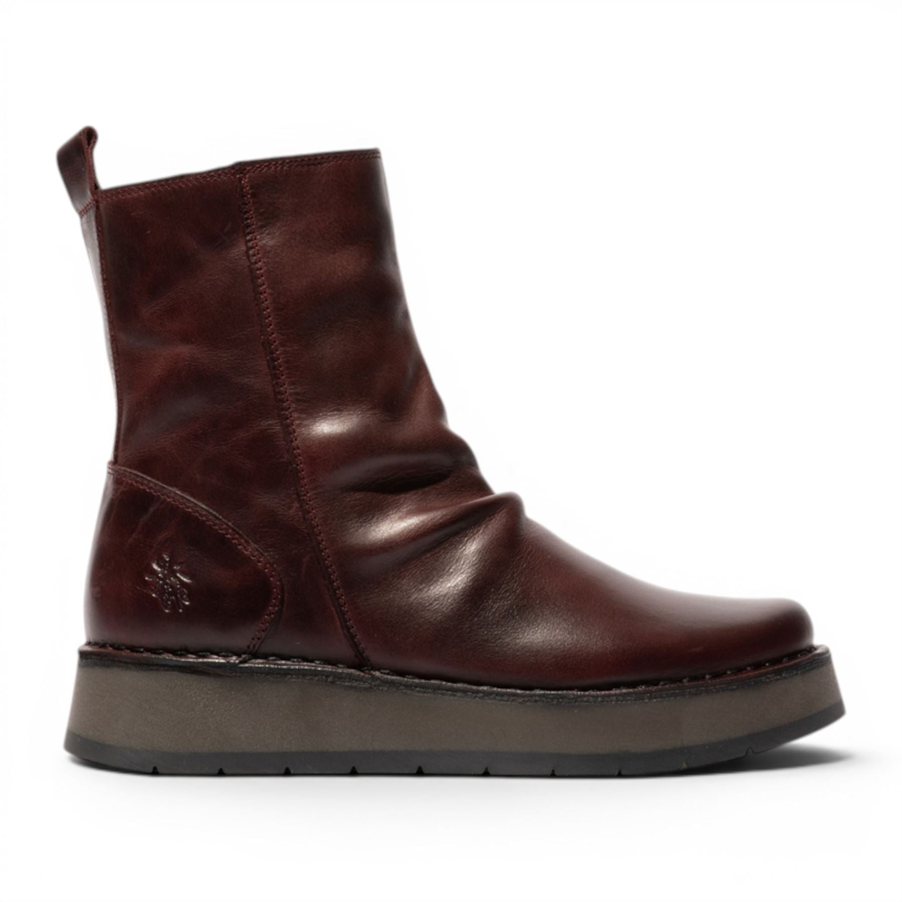 Fly London Womens Wine Leather Zip Up Platform Ankle Boots