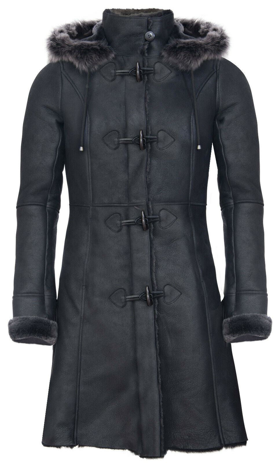 Womens Black Sheepskin Hooded Duffle Coat-Ottawa – Infinity Leather