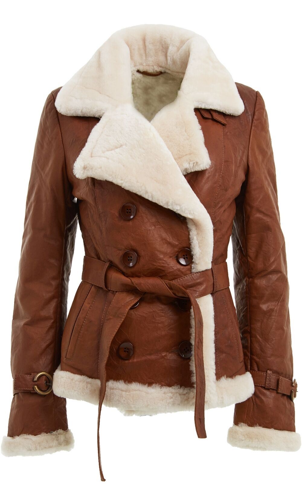 Womens Tan Double Breasted Sheepskin Aviator Jacket-Leshan