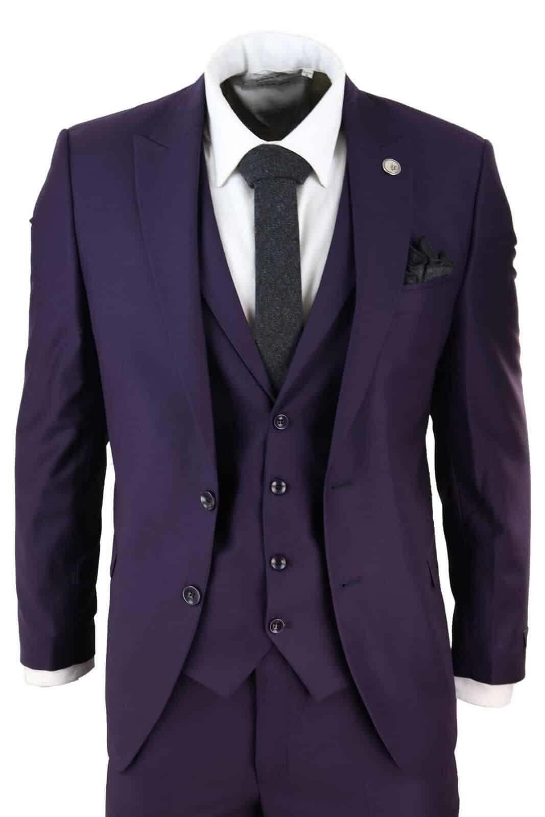 Men'S Regular Fit 3 Piece Purple Matching Vest Poly Poplin Dress Suit