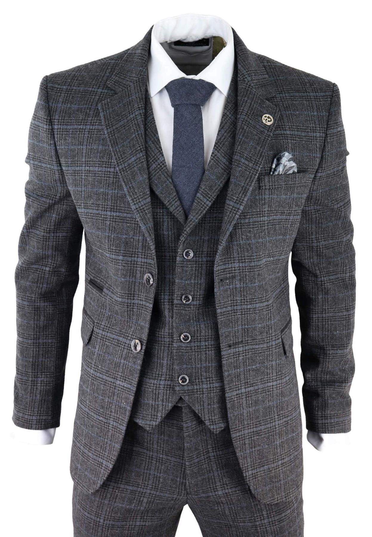 Mens Grey Check Piece Tweed Suit Peaky Blinders 1920s Gatsby