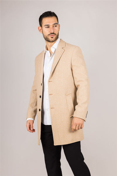 Men's Notched Lapel Collar Wool Blend Beige Overcoat