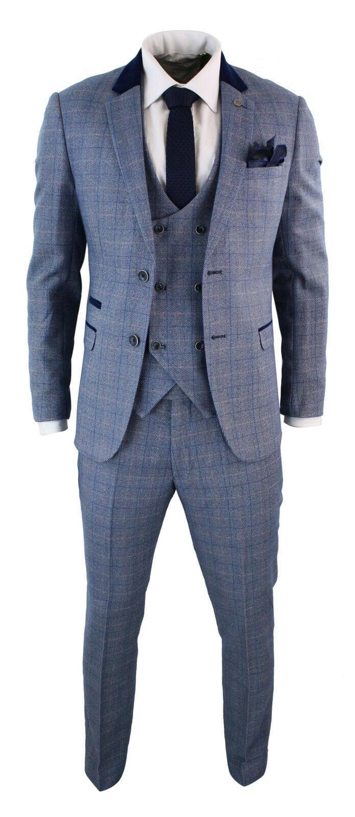 Mens 3 Piece Blue Grey Herringbone Check Suit