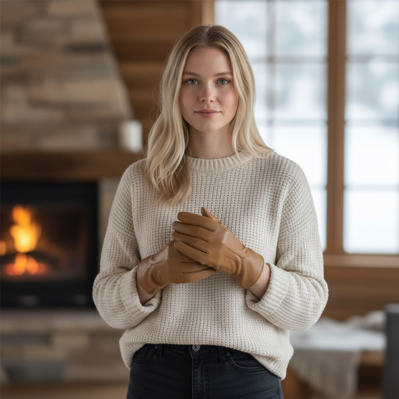 Womens Italian Leather Winter Stitch Line Design Soft Wool Lining Gloves - L-GLV-301