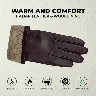 Womens Italian Leather Winter Bow Design Soft Wool Lining Gloves - L-GLV-401