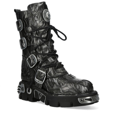 New Rock M-591-C63 Mid-Calf High Black Steel Leather Metallic Gothic Boots