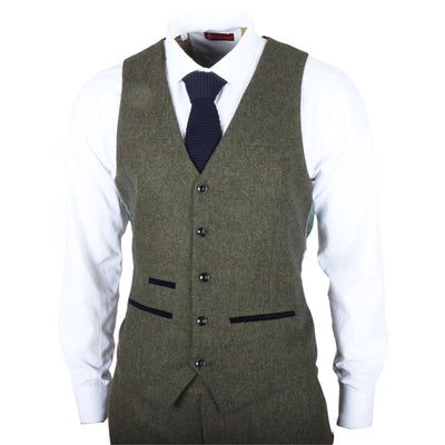 Men's Olive Green Wool Blend Tweed Formal Waistcoats