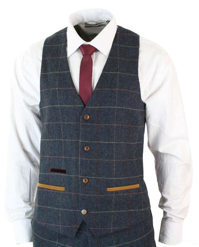 Abito vintage da uomo a quadri a spina di pesce blu navy in 3 pezzi