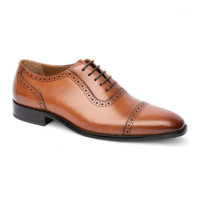 Chapman & Moore Men's Tan Brown Leather Semi-Brogue Cap-Toe Oxford Shoes