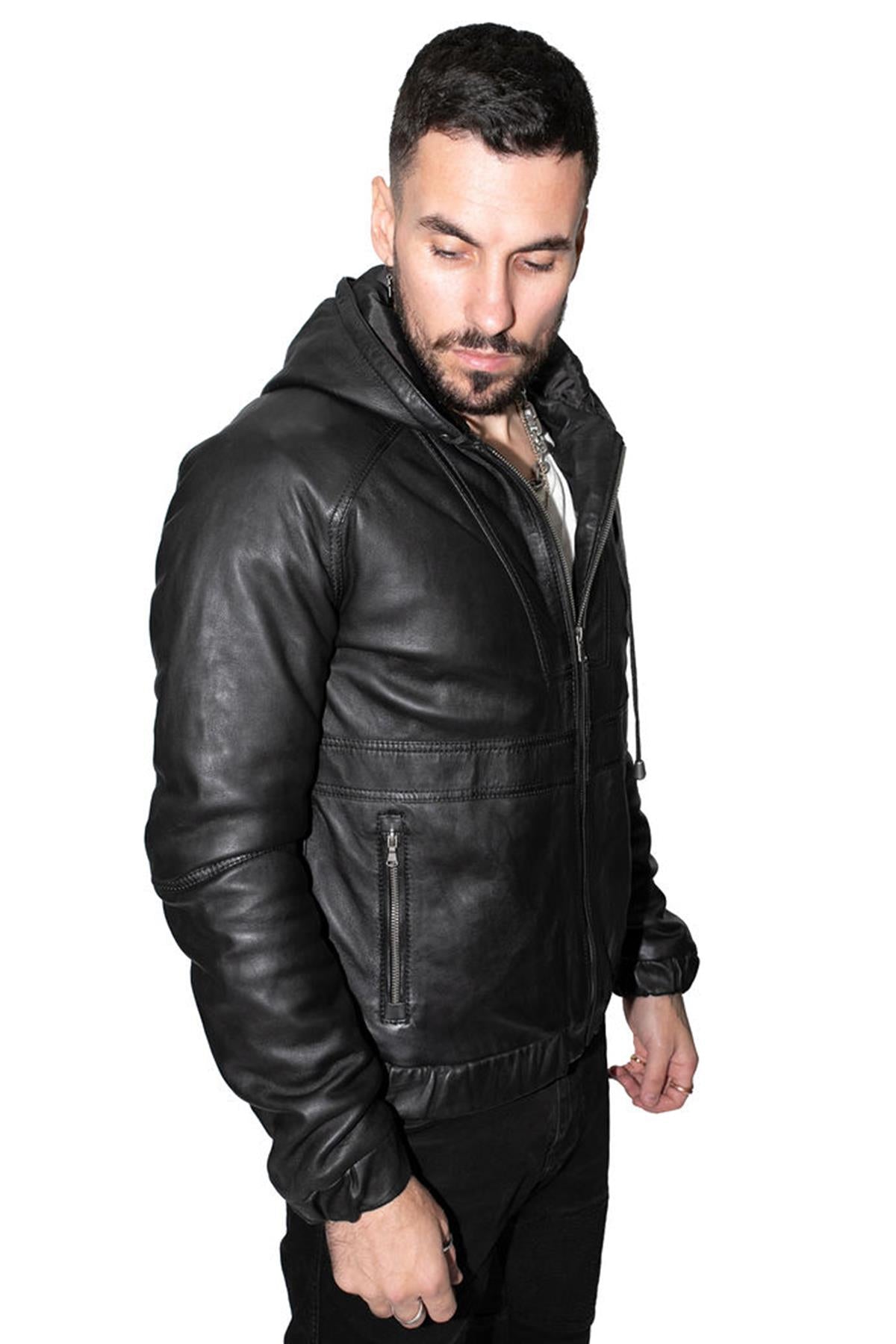 Men’s Casual Leather Hooded Bomber Jacket-Odesa