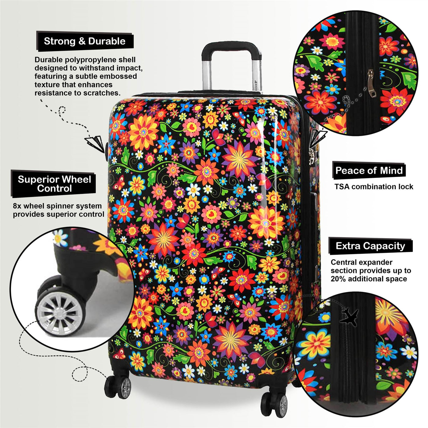 Strong Expandable Hard Shell Dual 4 Wheel Suitcase Set Print Luggage Cabin Travel Bag