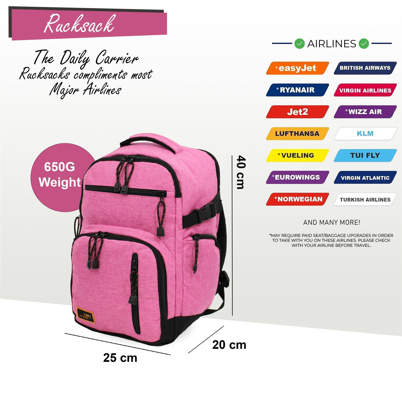 Backpack Rucksack 40x20 x25 cm Underseat Travel Cabin Bag for Ryanair, Easy Jet