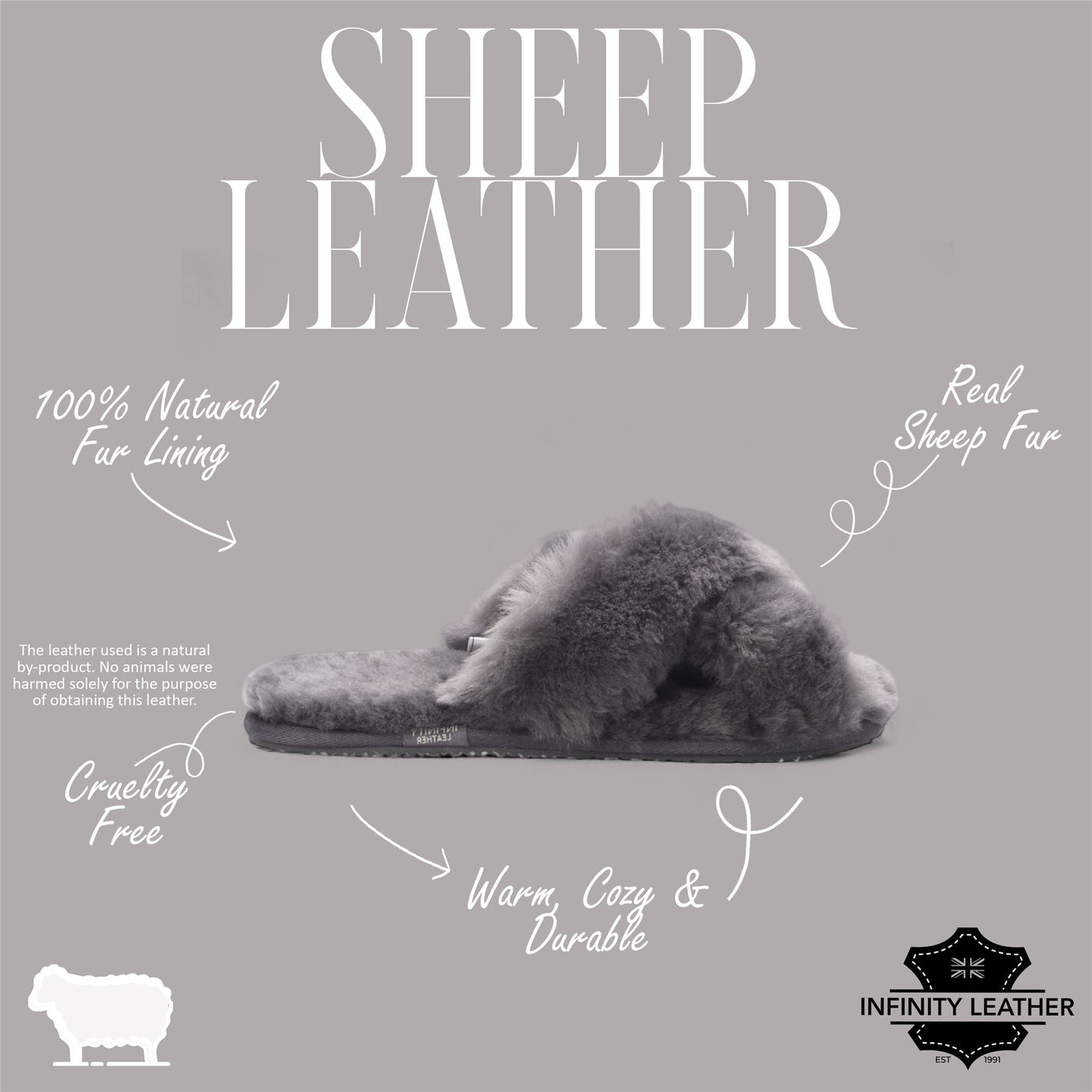 Women's Sheepskin Slippers Grey Warm Winter Fur Crossover - Snowbelle