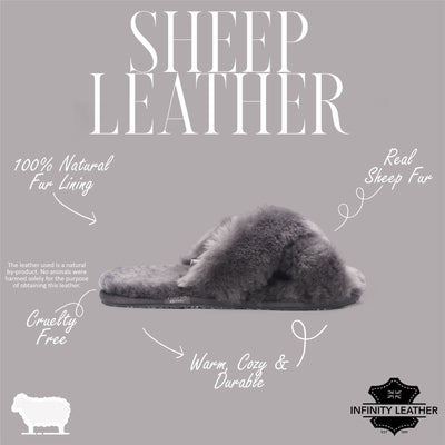Women's Sheepskin Slippers Grey Warm Winter Fur Crossover - Snowbelle