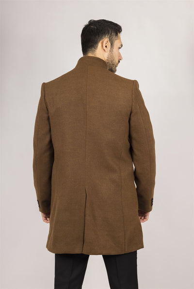 Men's Brown Stand Collar Wool Blend Overcoat