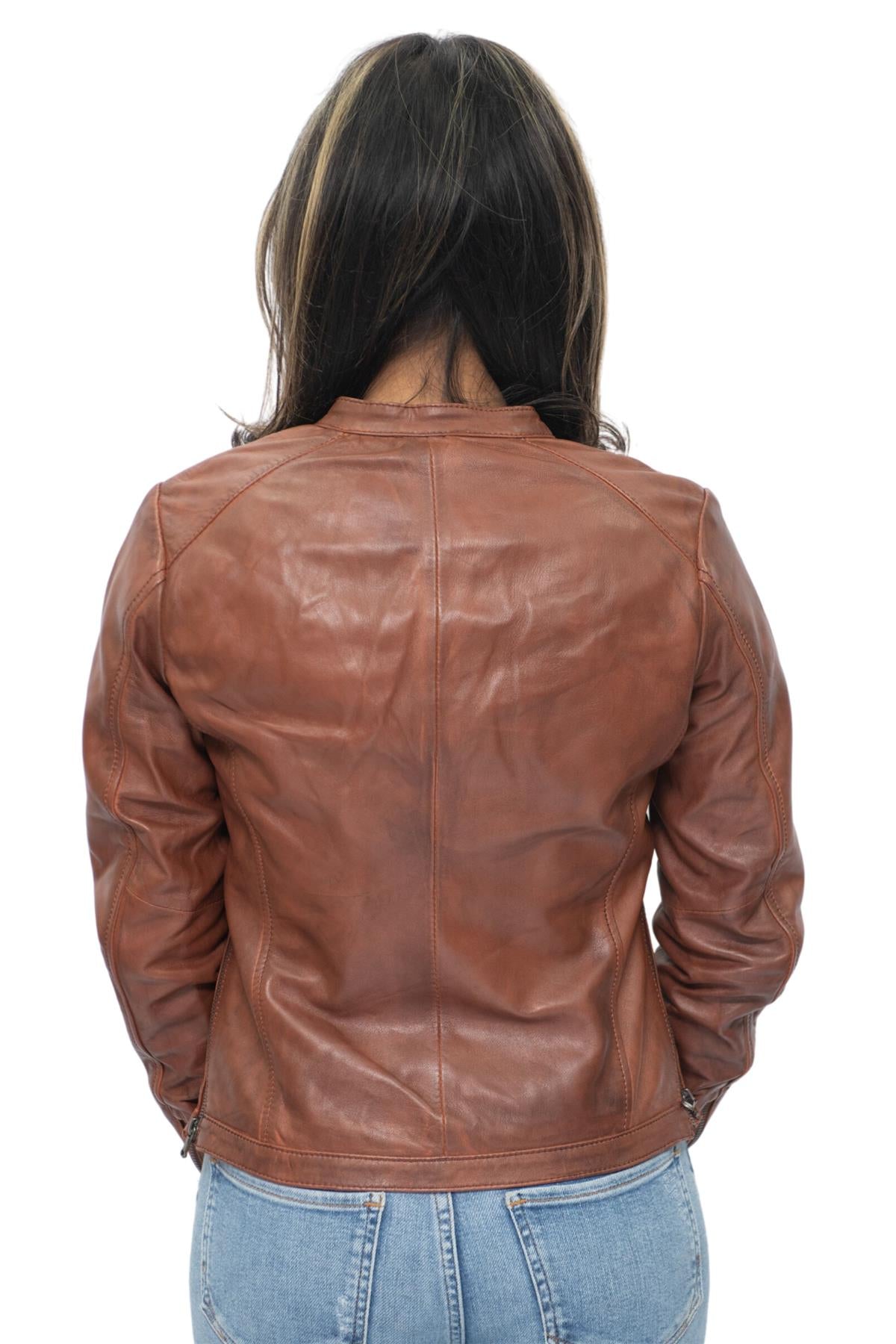 Womens Tan Leather Biker Jacket-Prague