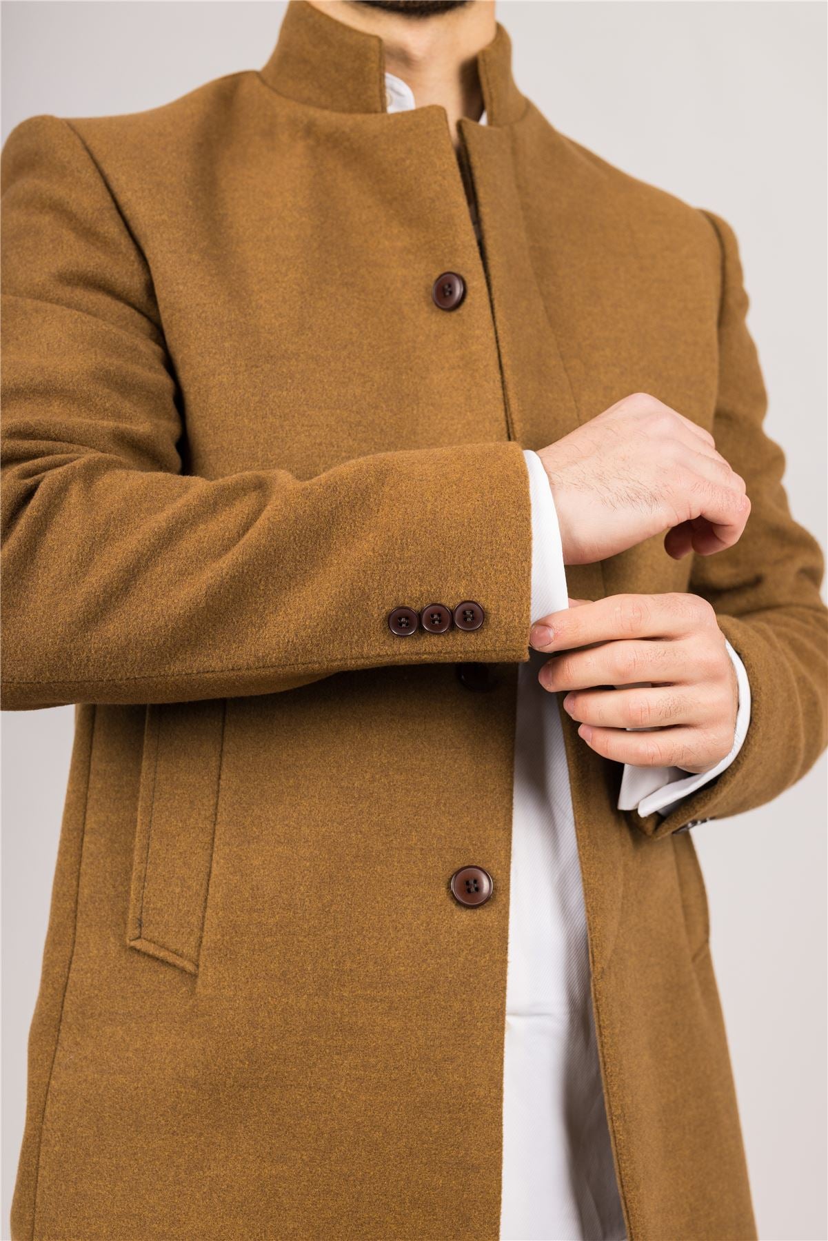 Men's Tan Stand Collar Wool Blend Overcoat