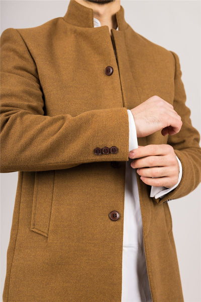 Men's Tan Stand Collar Wool Blend Overcoat