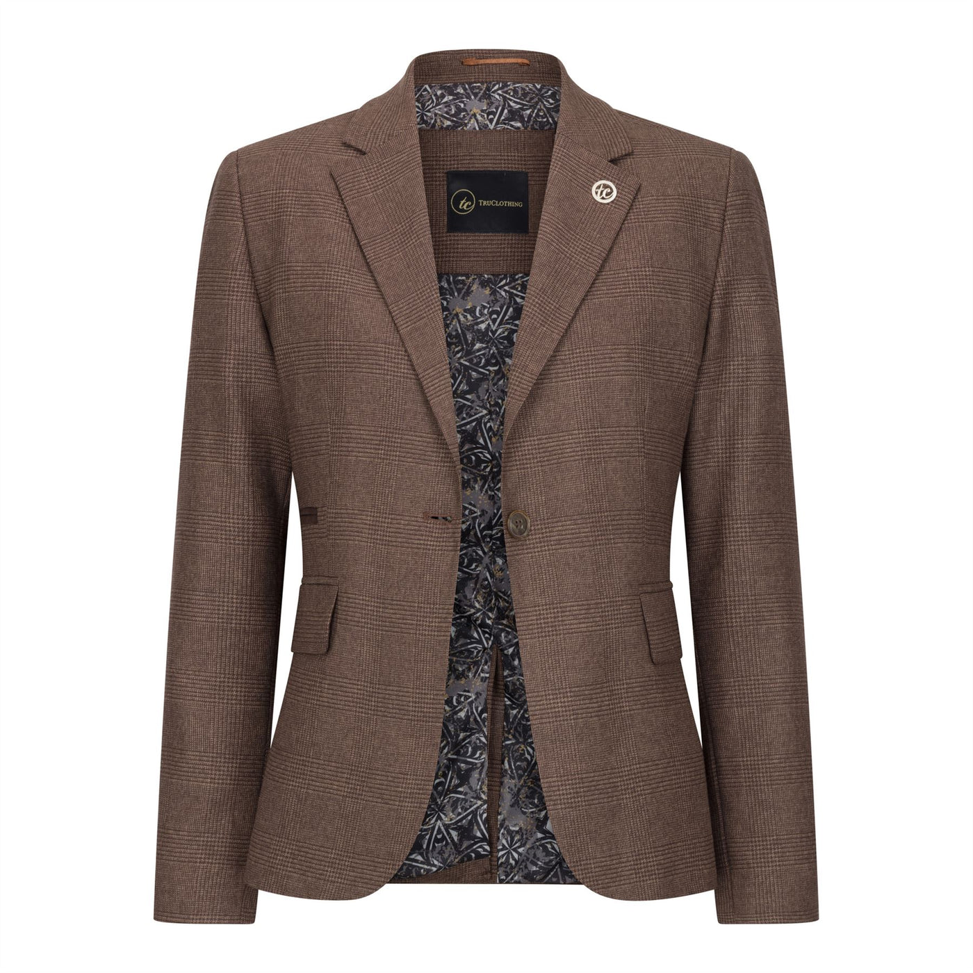 Women's Brown Three-Piece Tailored Fit Suit in Prince of Wales Check