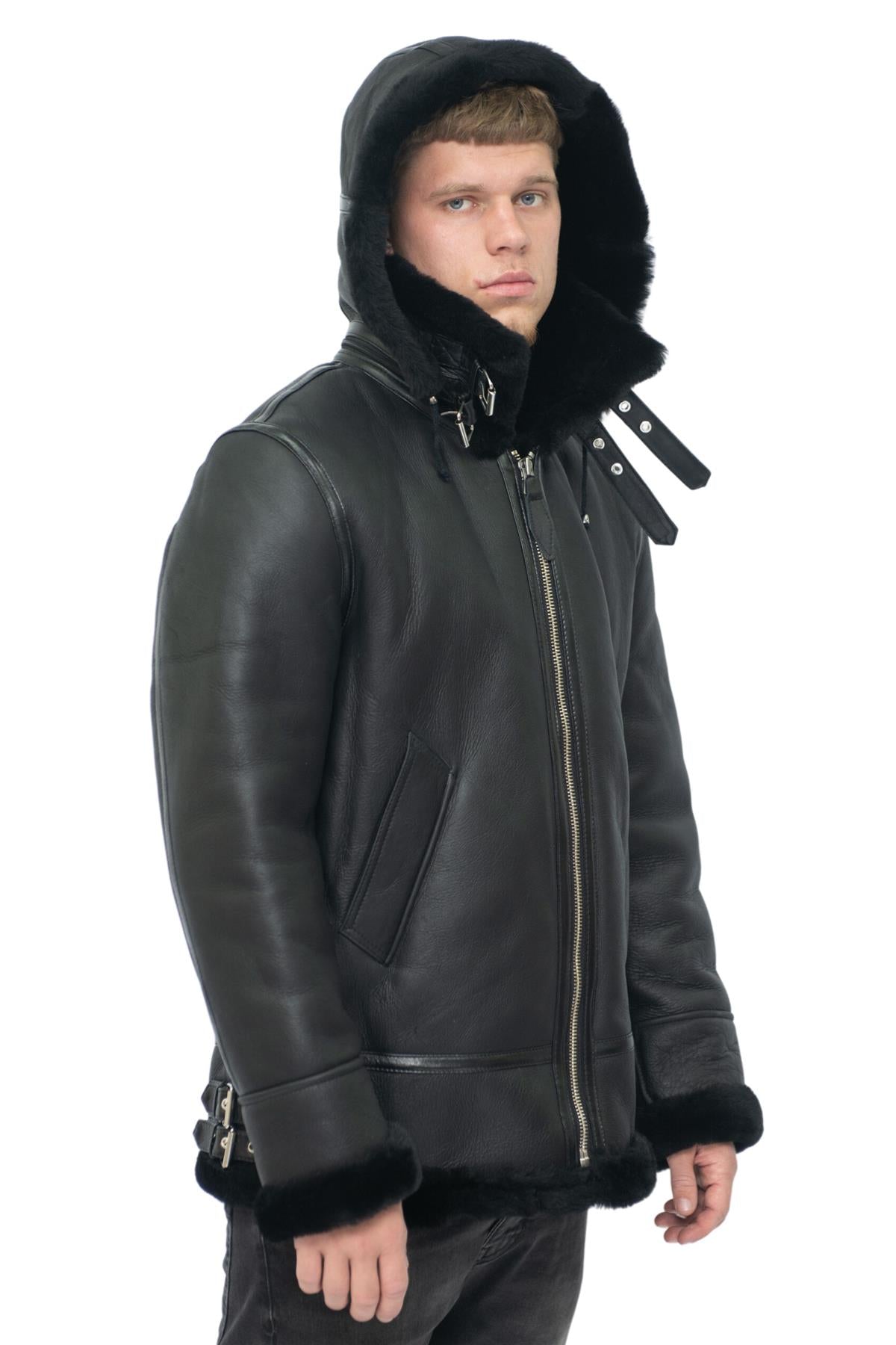 Mens Hooded Sheepskin Leather B3 Flying Jacket-Harwich