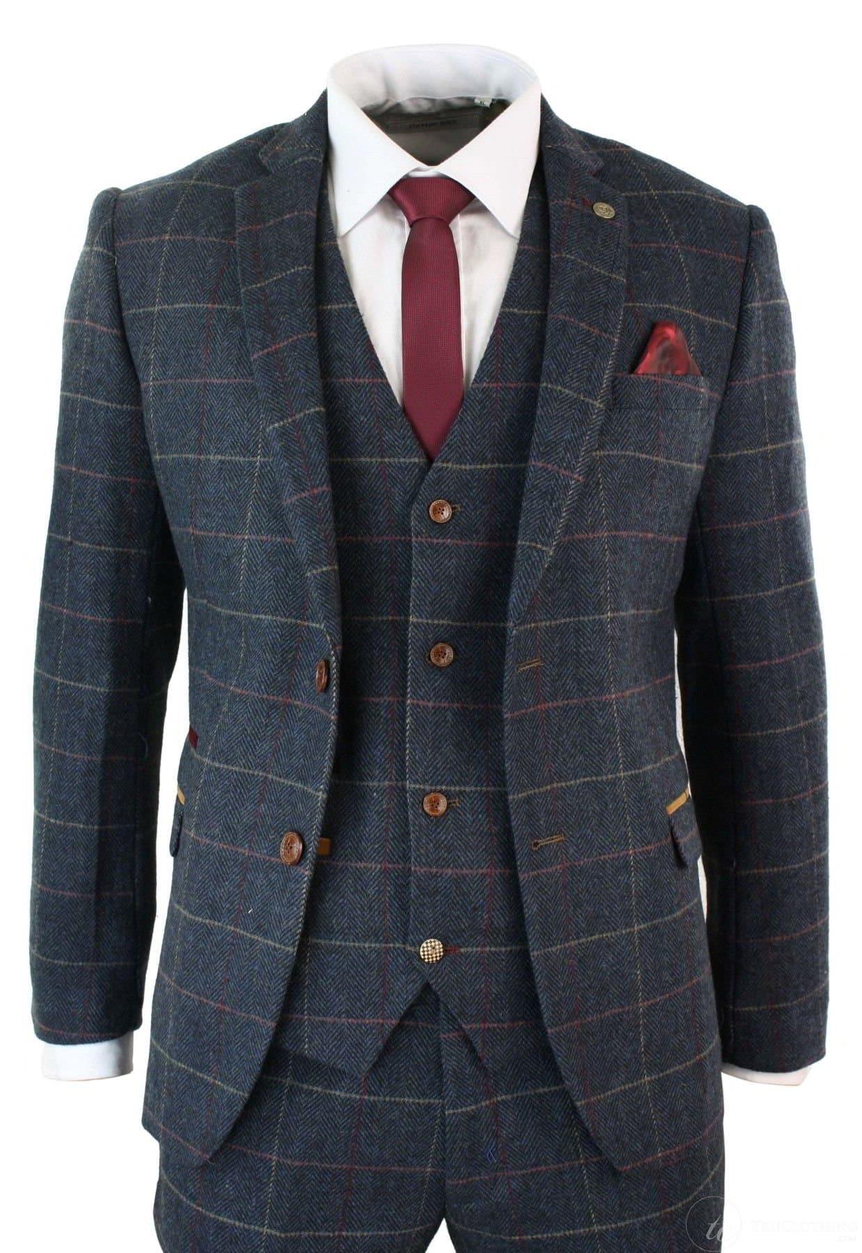 Abito vintage da uomo a quadri a spina di pesce blu navy in 3 pezzi