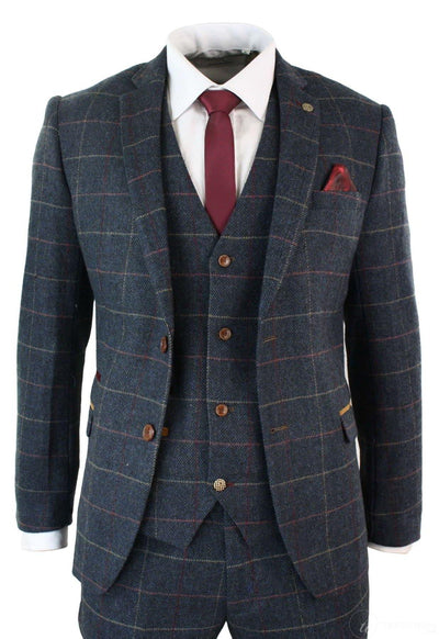 Mens 3 Piece Navy Blue Herringbone Check Vintage Suit