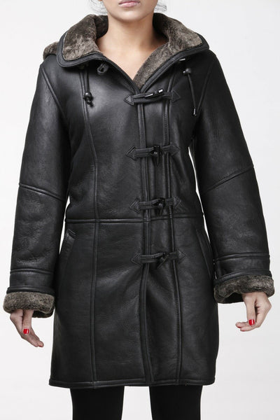 Womens Black Shearling Hooded Duffle Coat-Lille