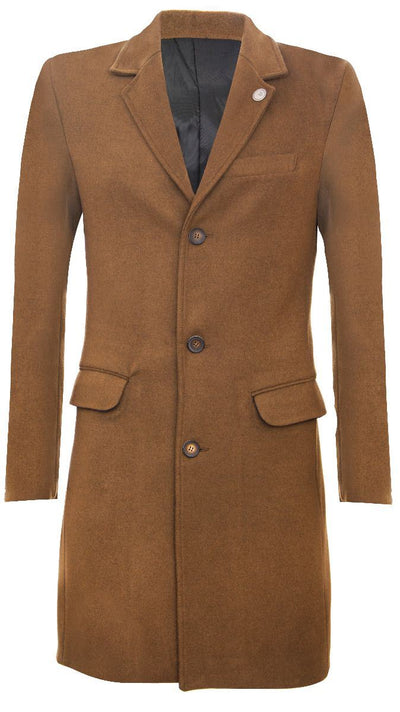 Men's Long Brown Wool Slim Fit Overcoat