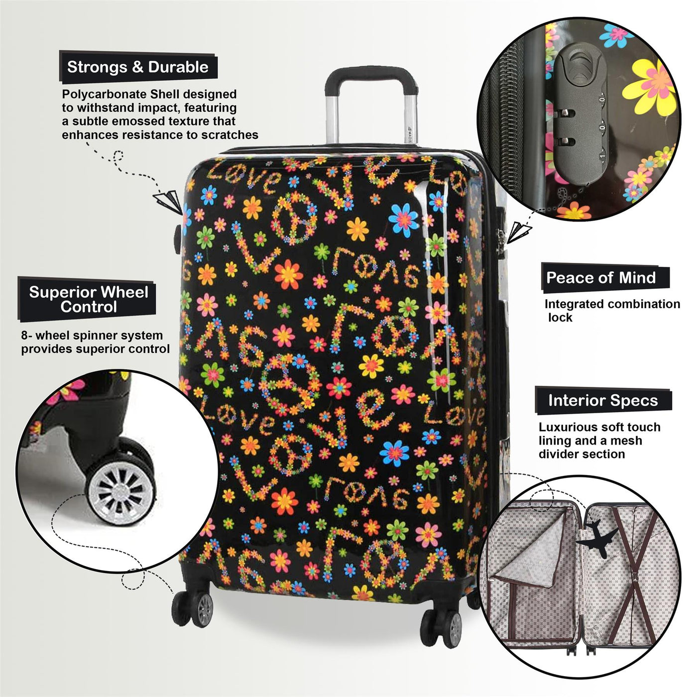 Hard Shell 4 Wheel Suitcase Print Luggage Cabin Travel Bag