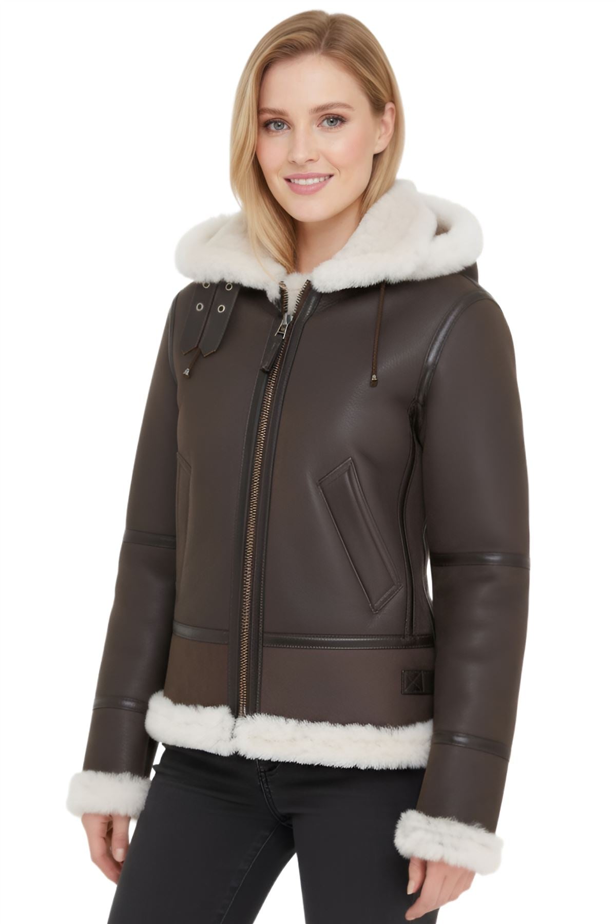 Womens Hooded Sheepskin Flying Leather Jacket-Palermo