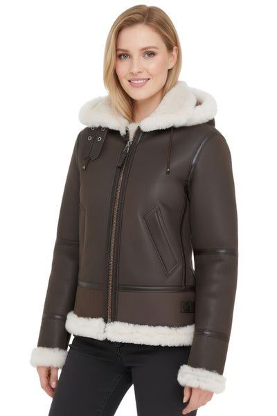 Womens Hooded Sheepskin Flying Leather Jacket-Palermo