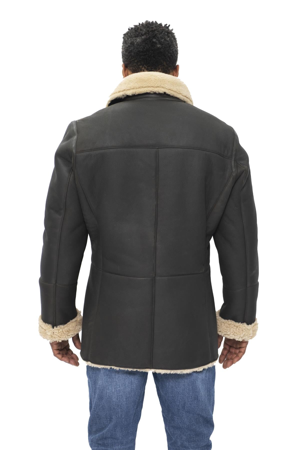 Mens Double Breasted Shearling Sheepskin Pea Coat-Kington