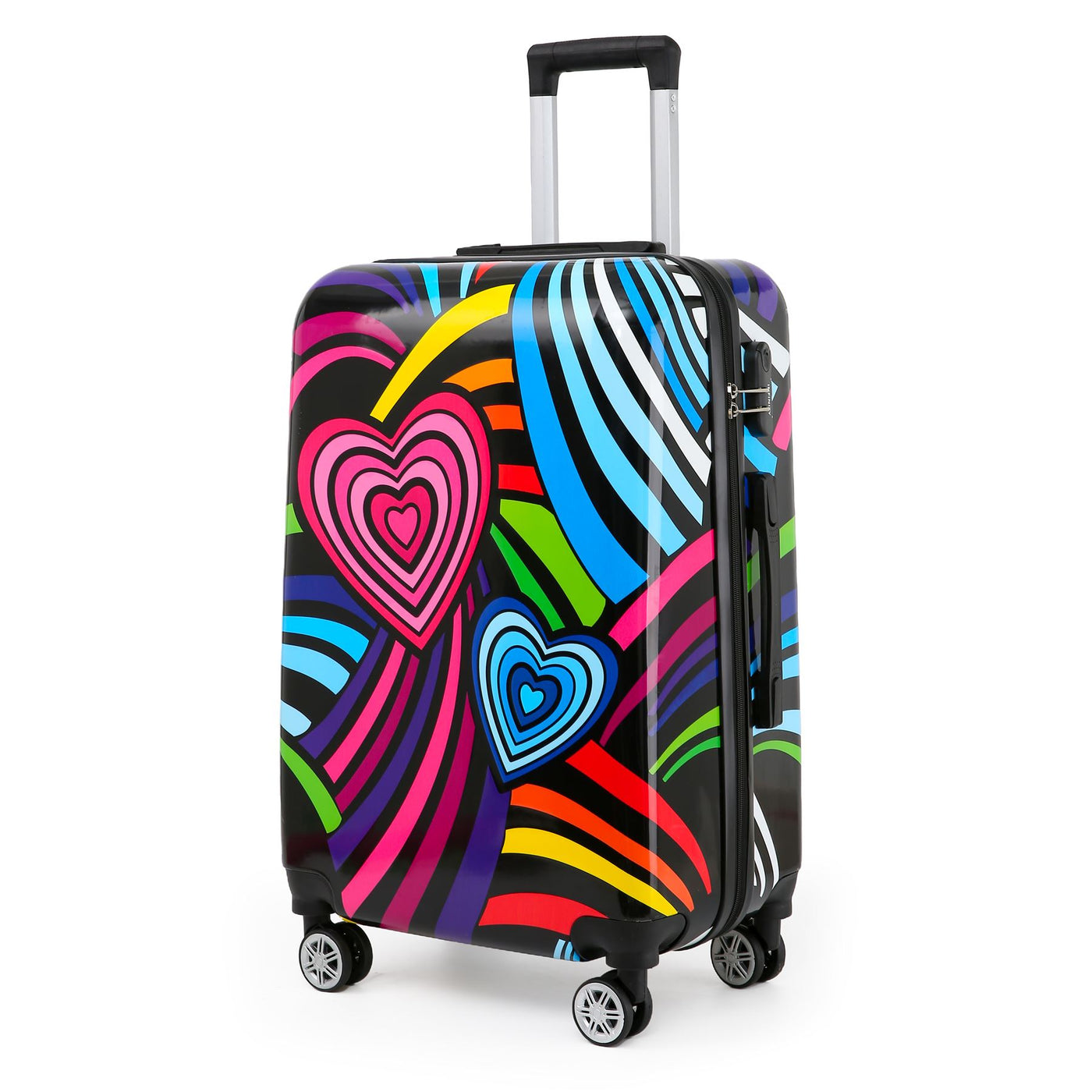 Hardside Shell Suitcase Set Hearts Print Luggage Lightweight Cabin Travel Bag