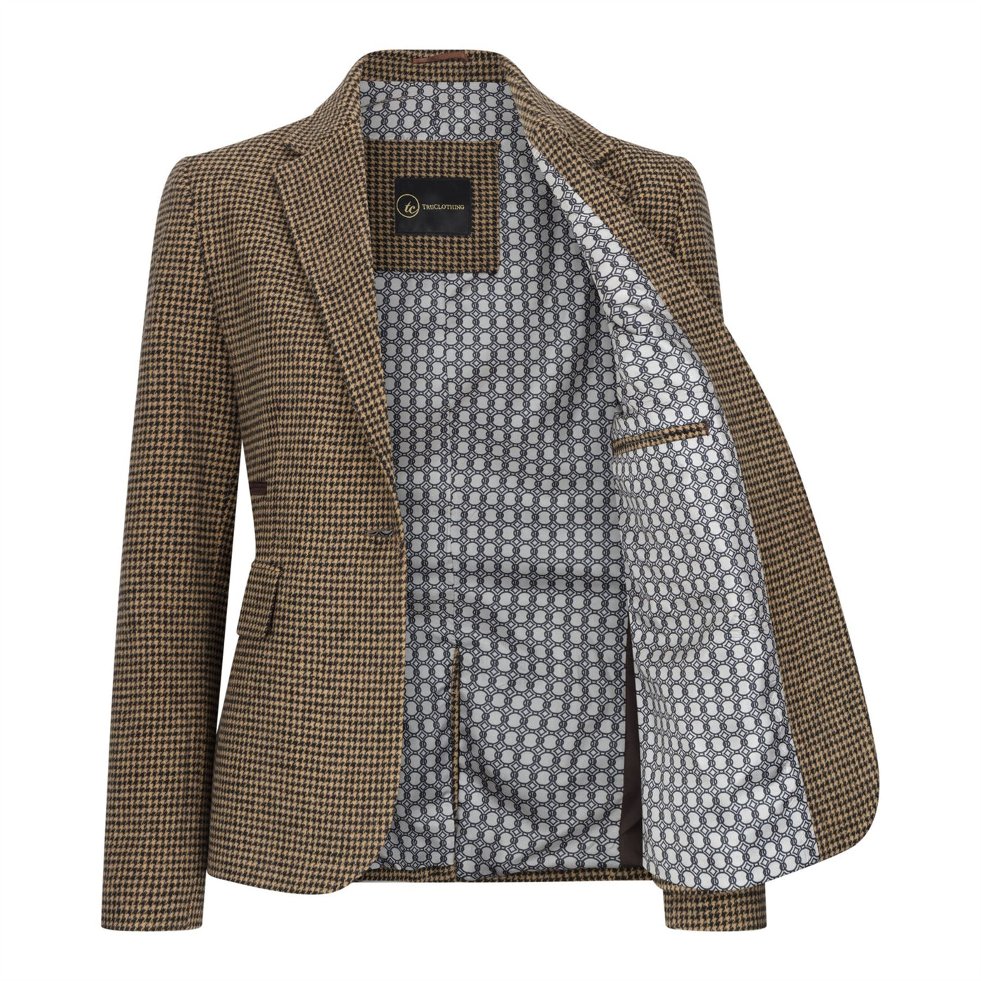 Women's Tailored Brown Dogtooth Wool Blend Tweed Blazer