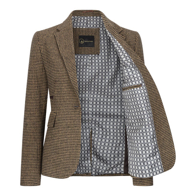 Women's Tailored Brown Dogtooth Wool Blend Tweed Blazer