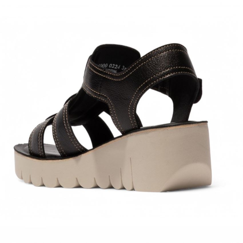 Fly London Women's YUDD236FLY Black Mousse Leather Wedge Sandals