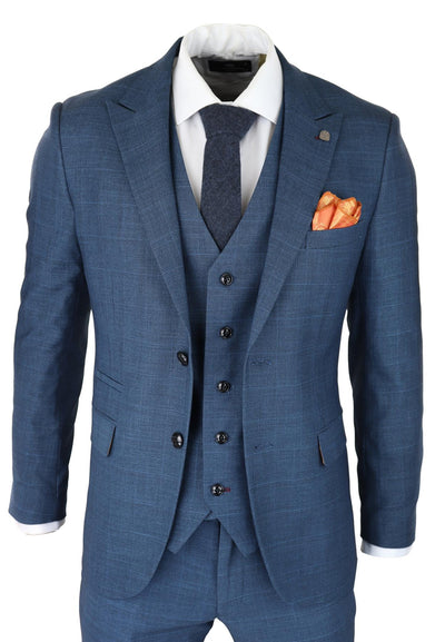 Mens 3 Piece Blue Suit Prince Of Wales Check Classic Light Tailored Fit Modern