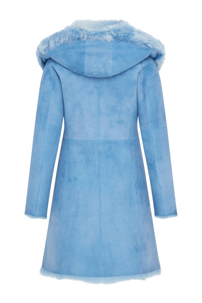 Womens Blue Toscana Sheepskin Suede Leather Hooded Trench Coat - Aura