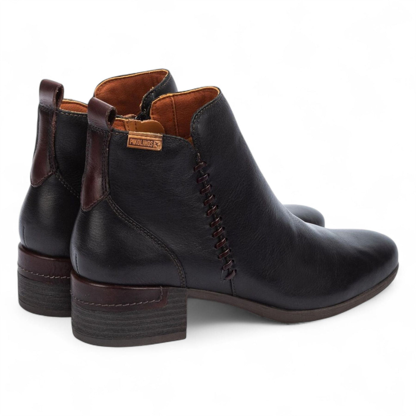 Women's Pikolinos Malaga Black Leather Ankle Bootie Zip Mid-Heel Everyday Boots