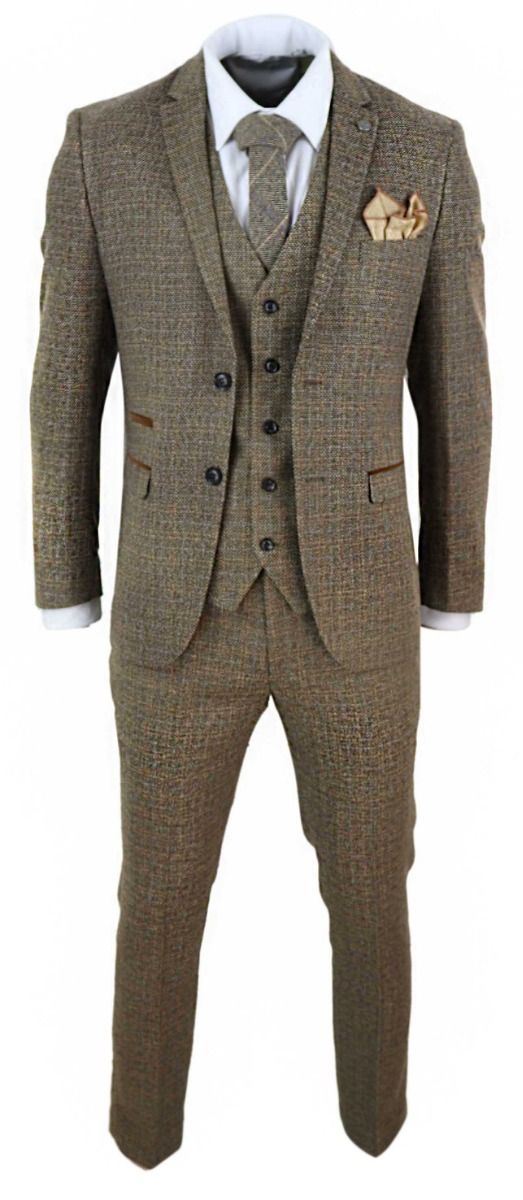 Mens 3 Piece Brown Tweed Check Vintage Retro Suit