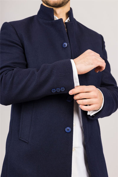 Men's Navy Stand Collar Wool Blend Overcoat