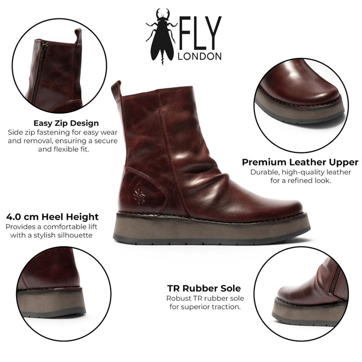 Fly London Womens Wine Leather Zip Up Platform Ankle Boots