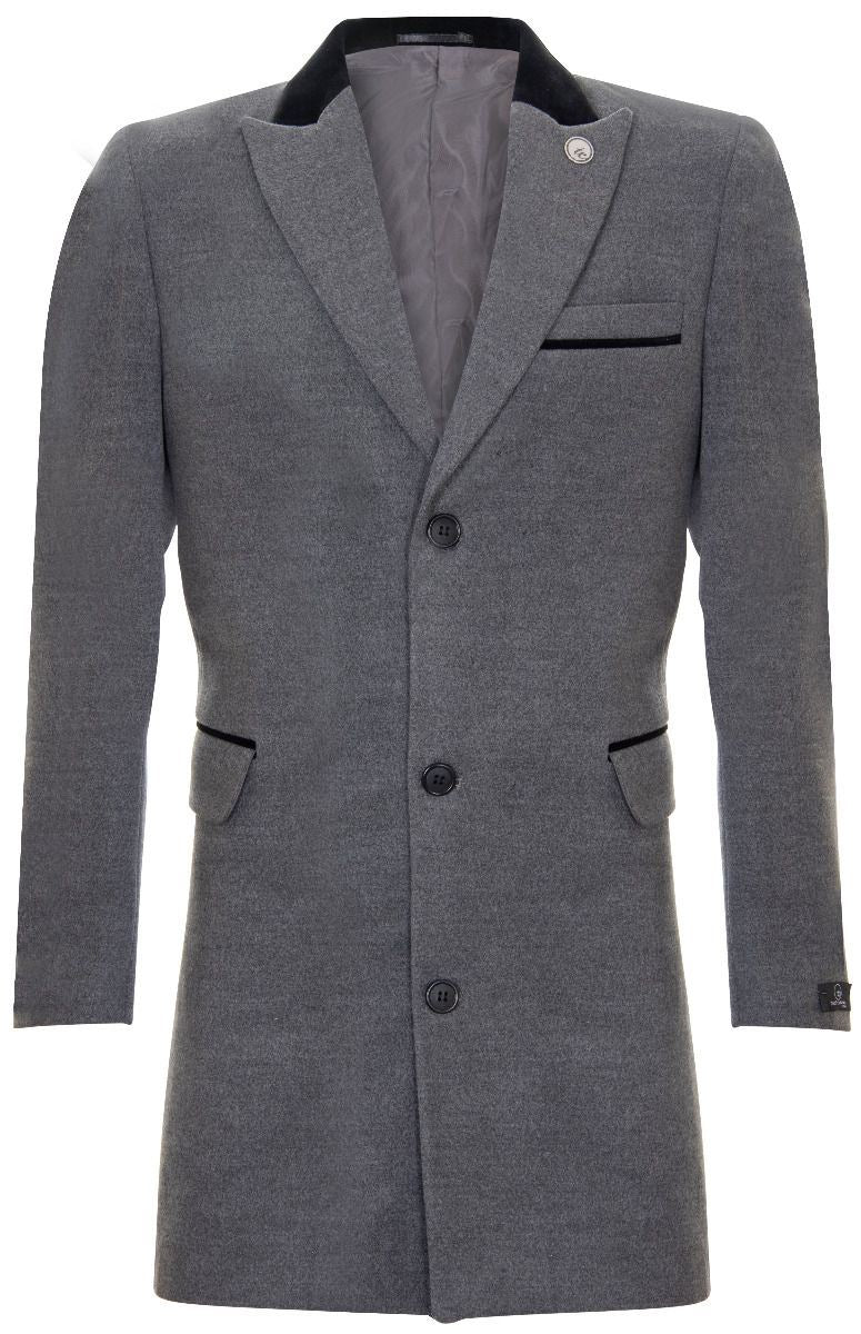 Mens 3/4 Grey Long Crombie Overcoat Jacket Herringbone Tweed Coat Peaky Blinder