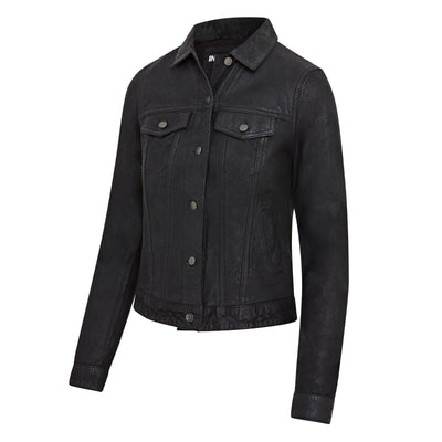 Womens Black Leather Trucker Jeans Jacket-  Doha