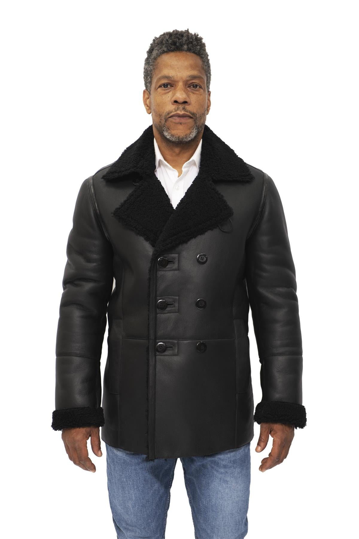 Mens Double Breasted Shearling Sheepskin Pea Coat-Kington