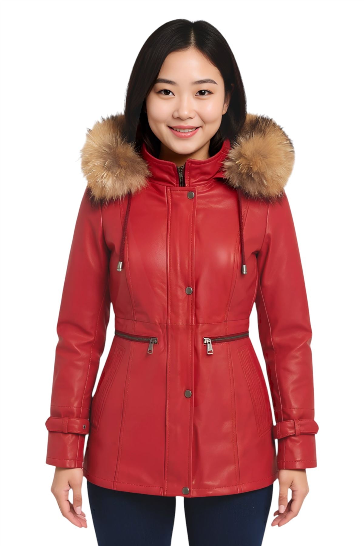 Parka da donna in pelle con cappuccio-Putian