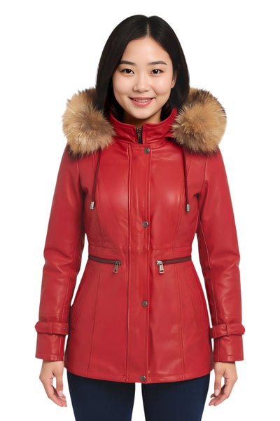 Parka da donna in pelle con cappuccio-Putian